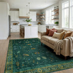 Emerald Green Gold Butterfly Leaf Rug - Living Room View