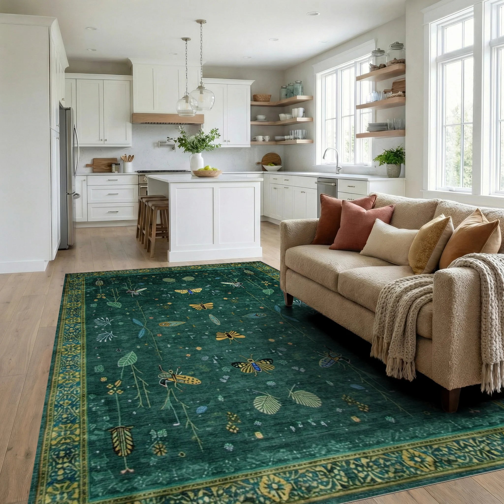 Emerald Green Gold Butterfly Leaf Rug - Living Room View