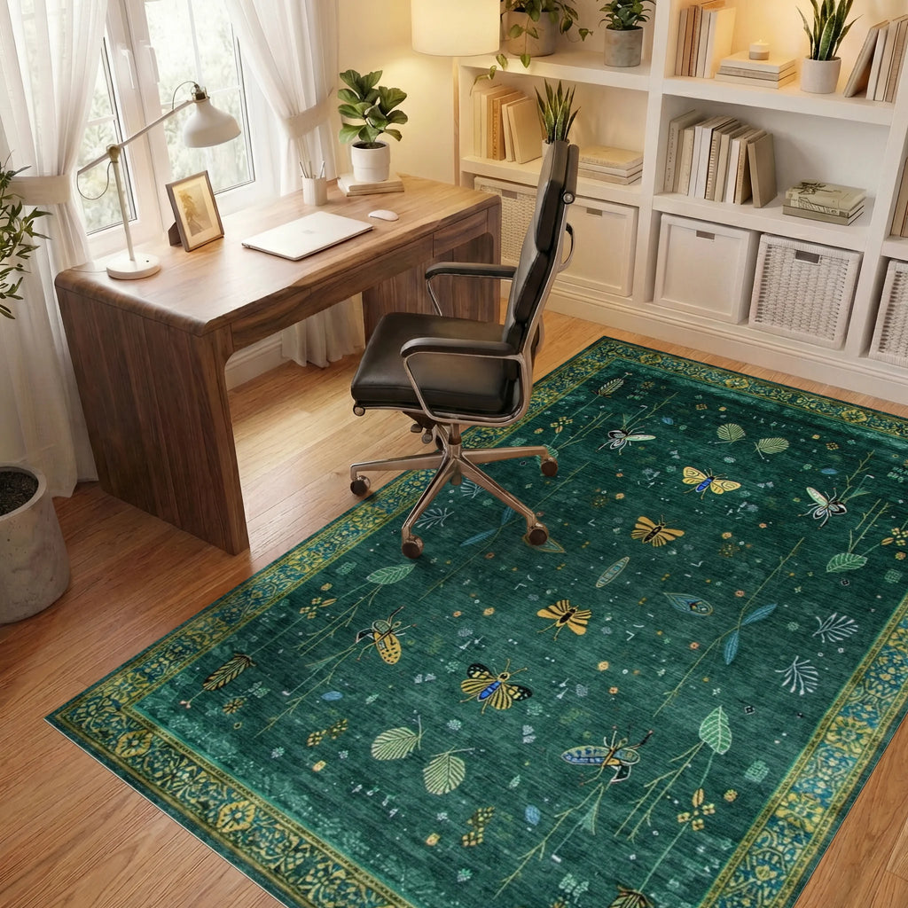 Emerald Green Gold Butterfly Leaf Rug - Office View