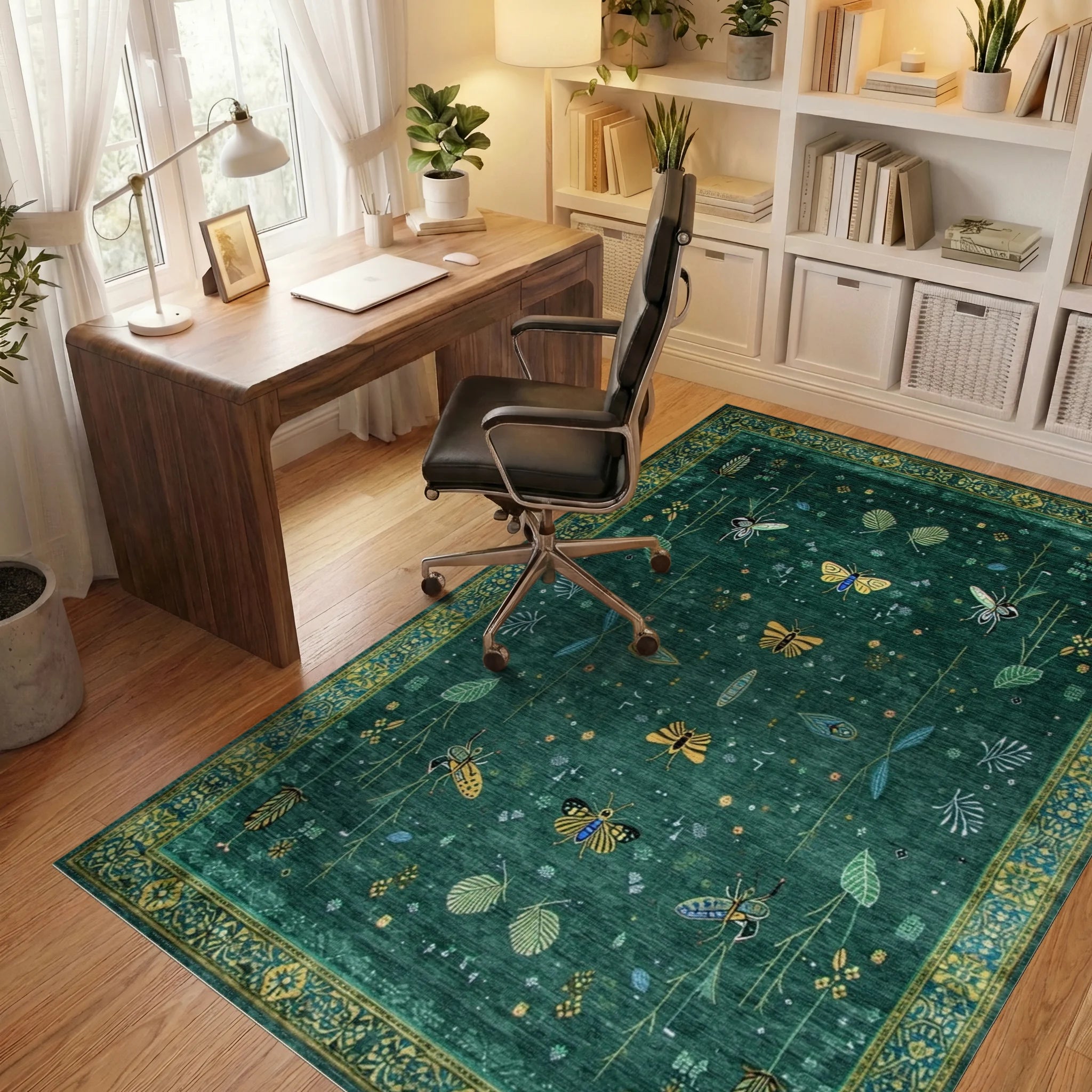 Emerald Green Gold Butterfly Leaf Rug - Office View
