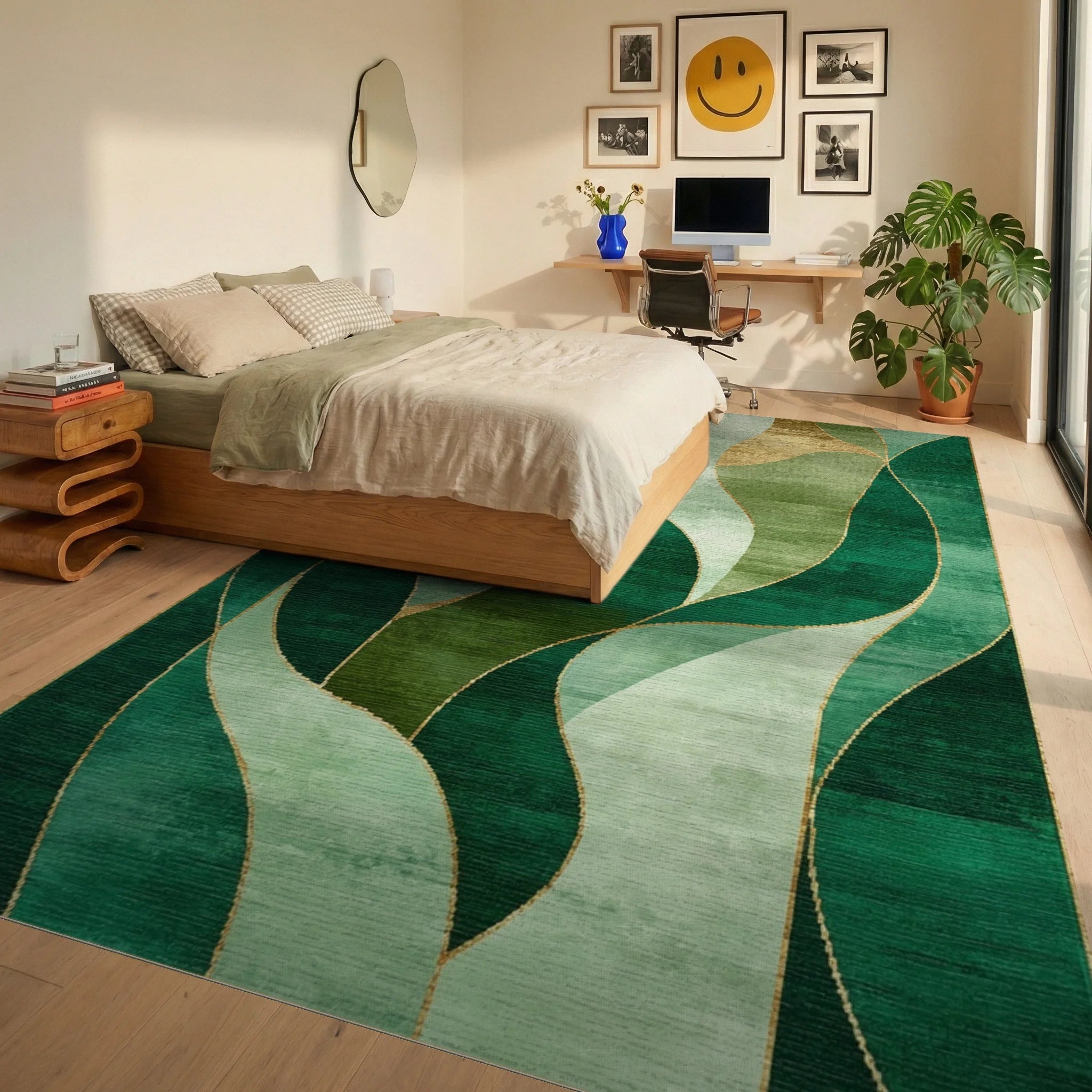 Emerald Green Gold Swirl Abstract Rug - Bedroom View