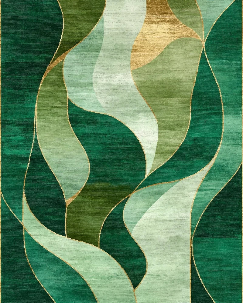 Emerald Green Gold Swirl Abstract Rug - Cutout View