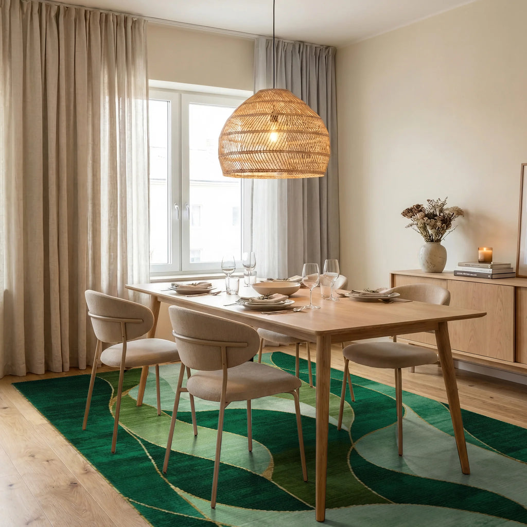 Emerald Green Gold Swirl Abstract Rug - Dining Room View