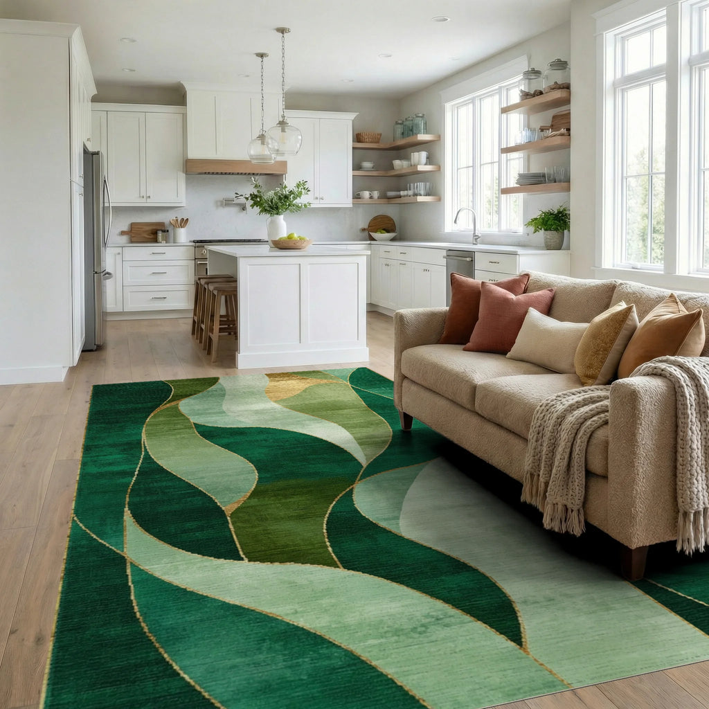 Emerald Green Gold Swirl Abstract Rug - Living Room View