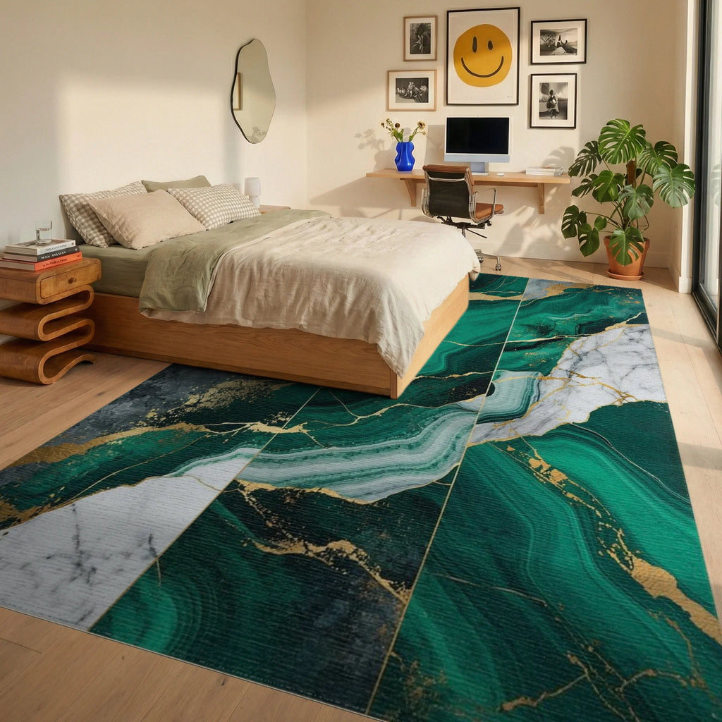 Emerald Green Gold Veined Marble Rug - Bedroom View