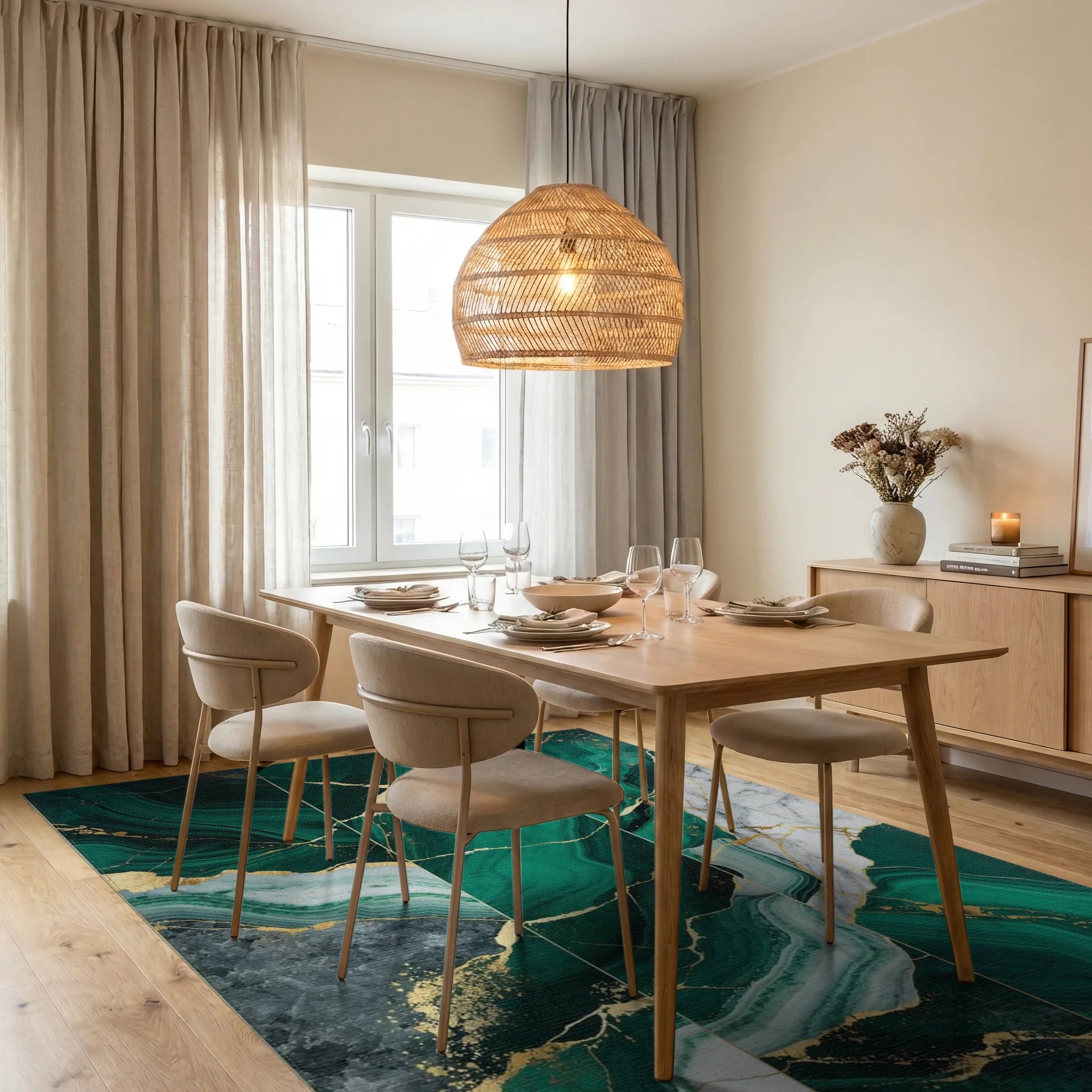 Emerald Green Gold Veined Marble Rug - Dining Room View