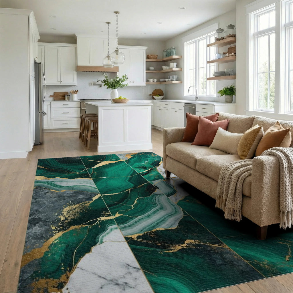 Emerald Green Gold Veined Marble Rug - Living Room View
