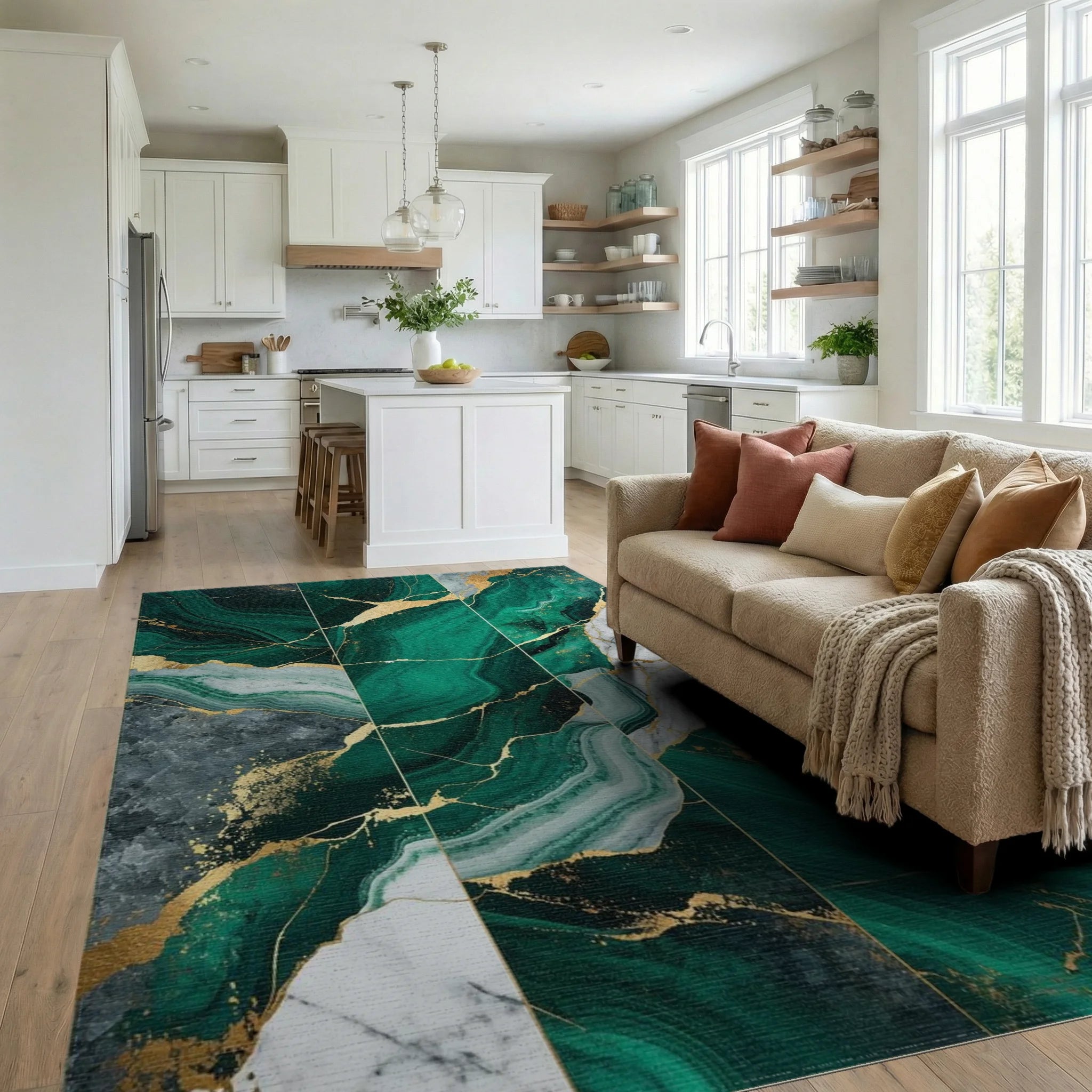 Emerald Green Gold Veined Marble Rug - Living Room View