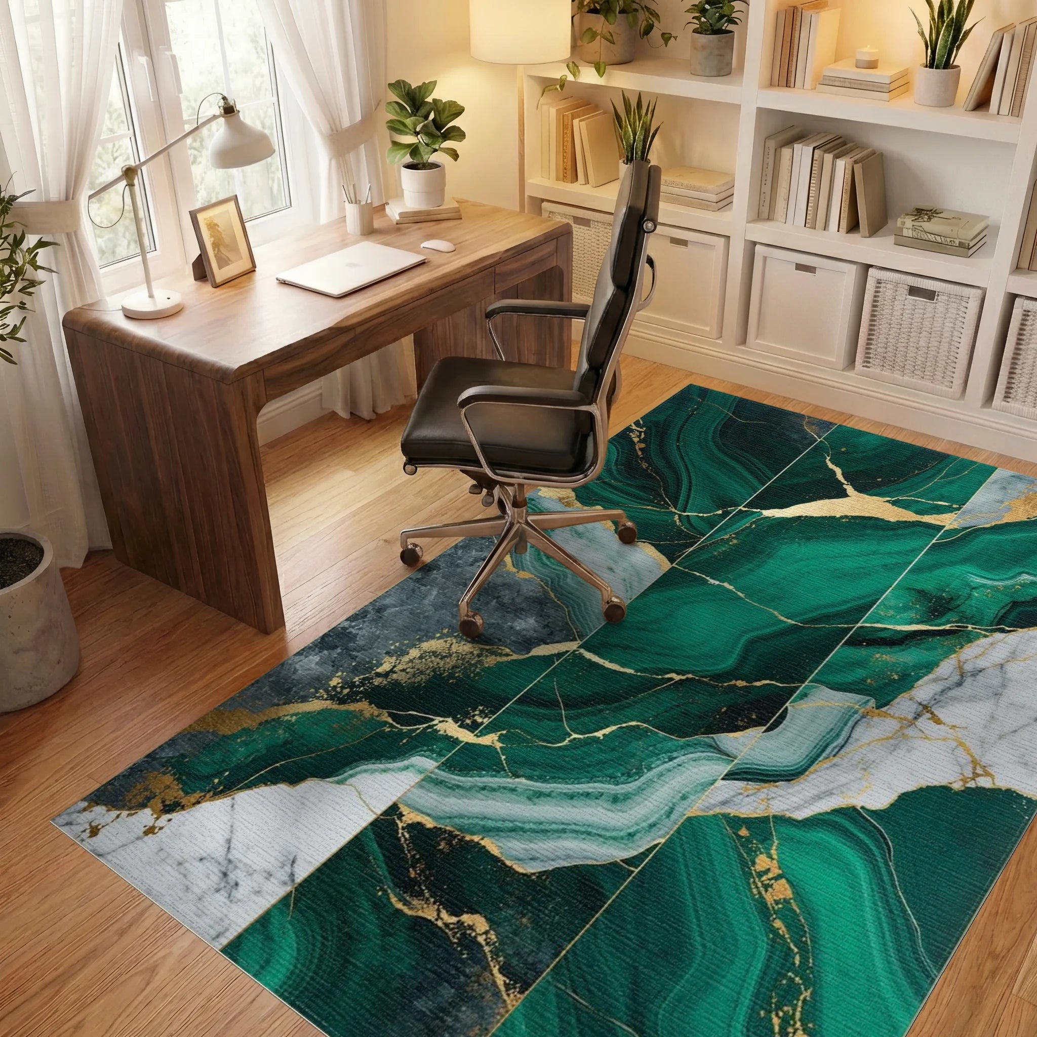 Emerald Green Gold Veined Marble Rug - Office View