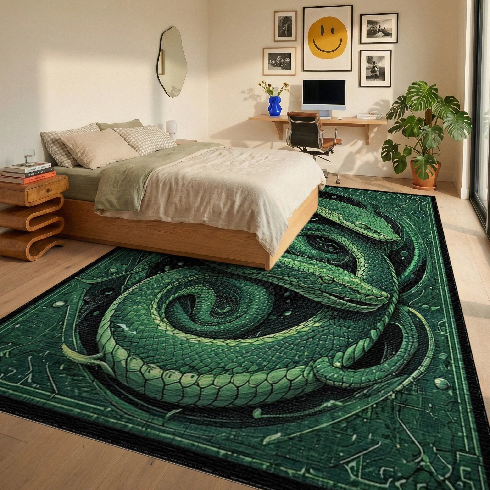 Emerald Green Intertwined Serpent Rug - Bedroom View