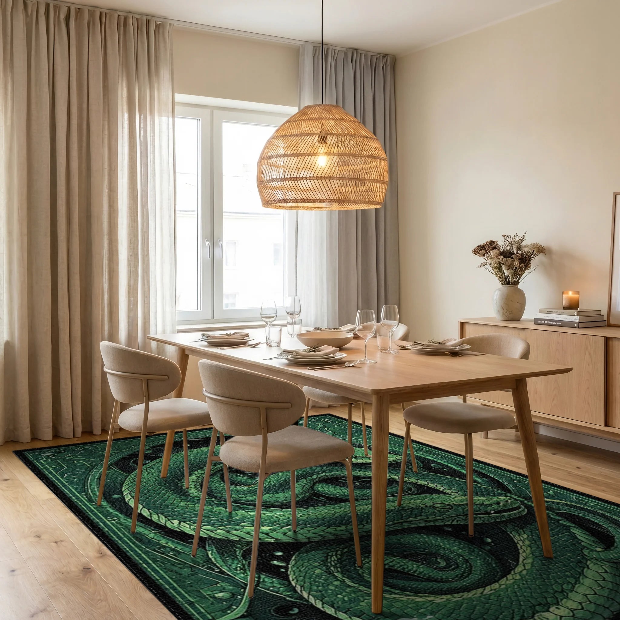 Emerald Green Intertwined Serpent Rug - Dining Room View