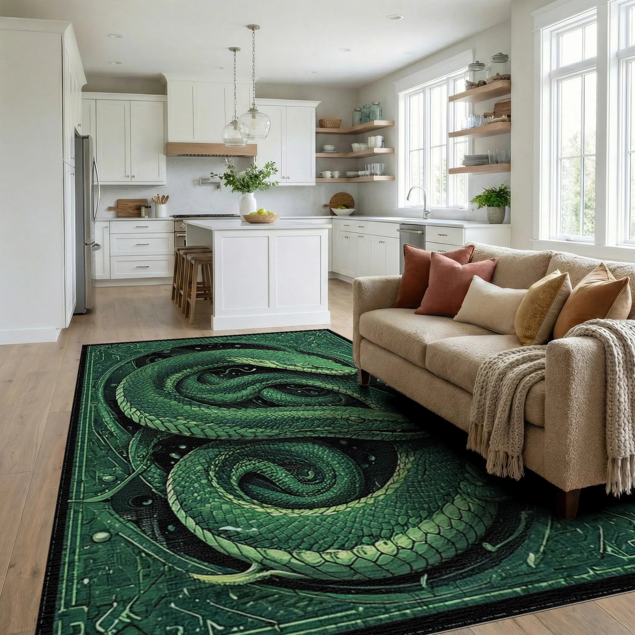 Emerald Green Intertwined Serpent Rug - Living Room View
