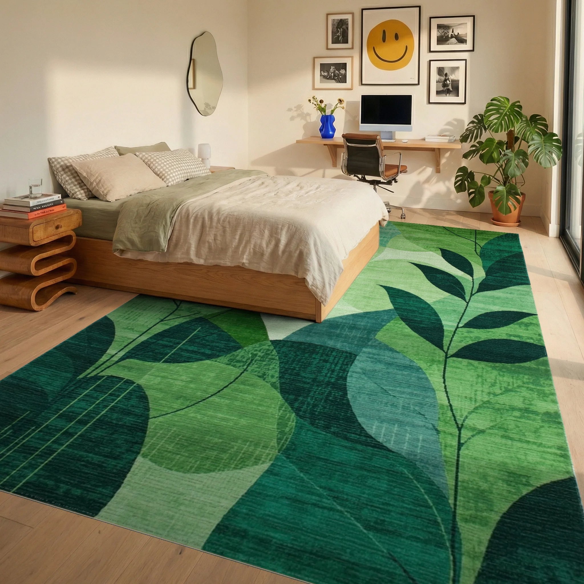 Emerald Green Leafy Collage Rug - Bedroom View