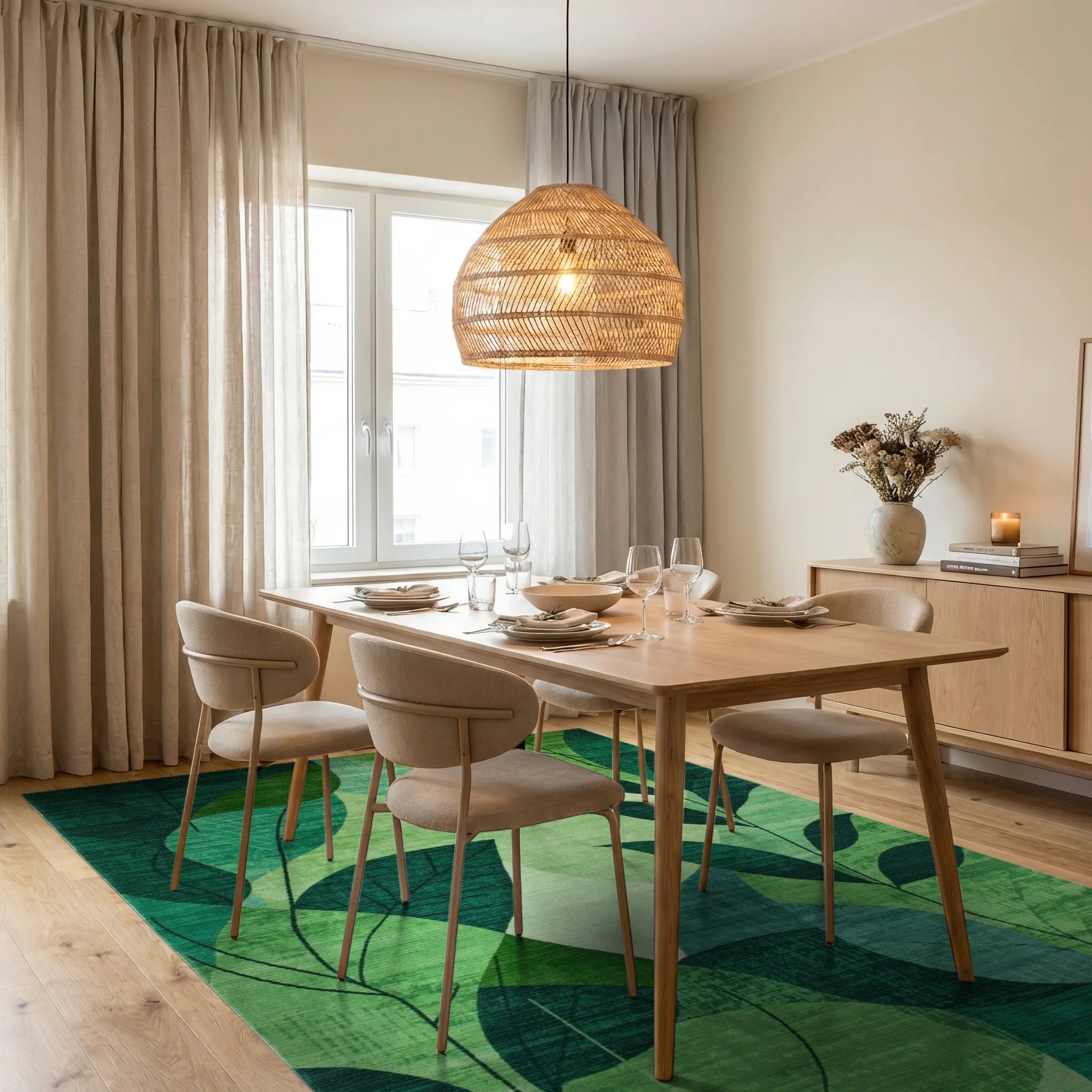 Emerald Green Leafy Collage Rug - Dining Room View