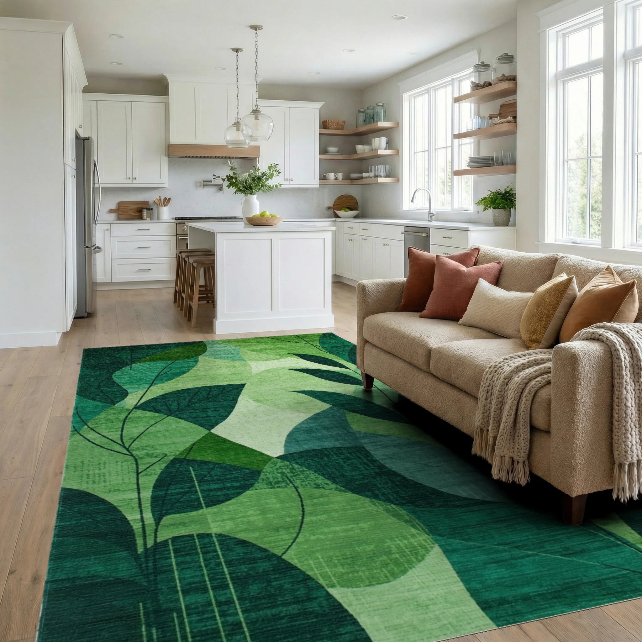 Emerald Green Leafy Collage Rug - Living Room View
