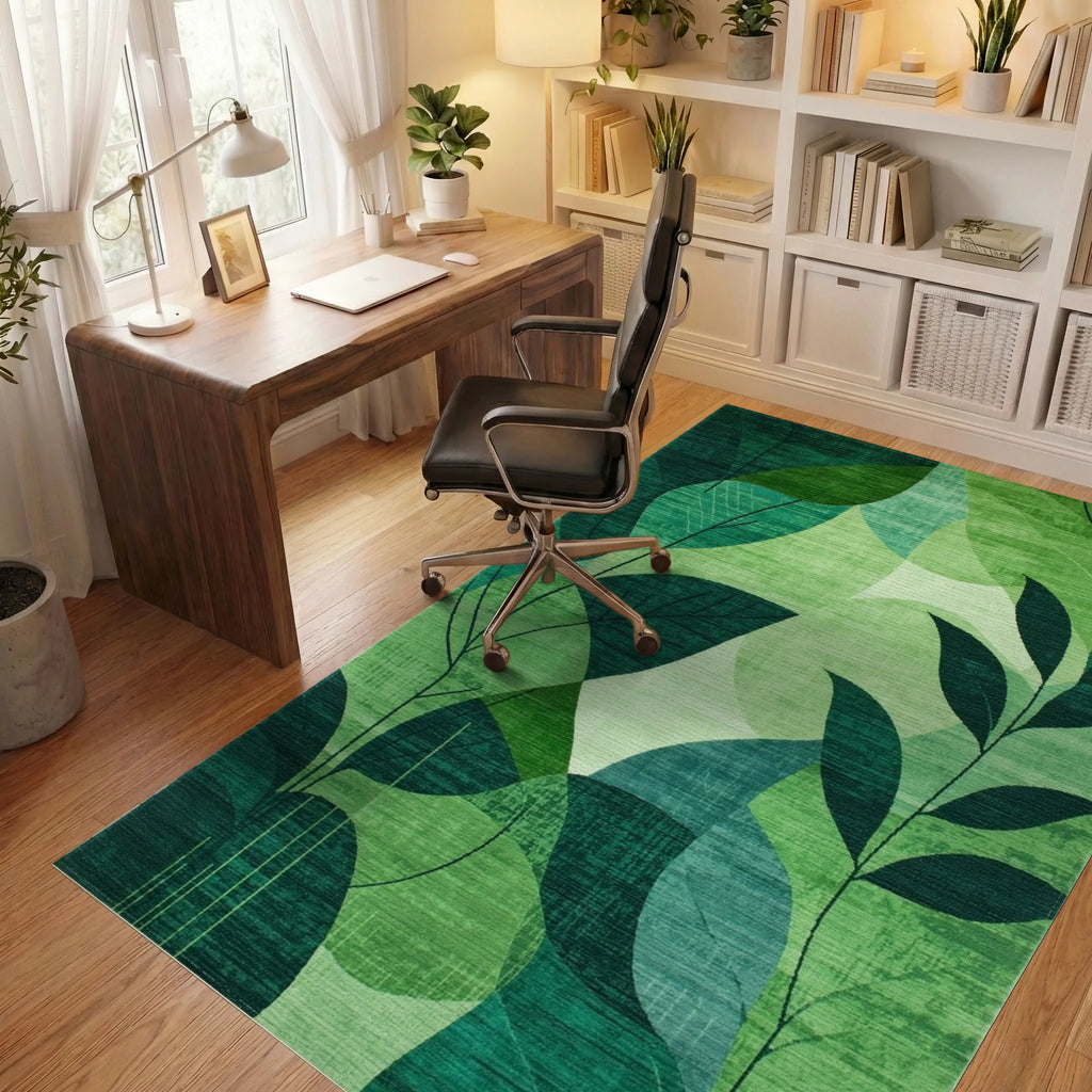 Emerald Green Leafy Collage Rug - Office View