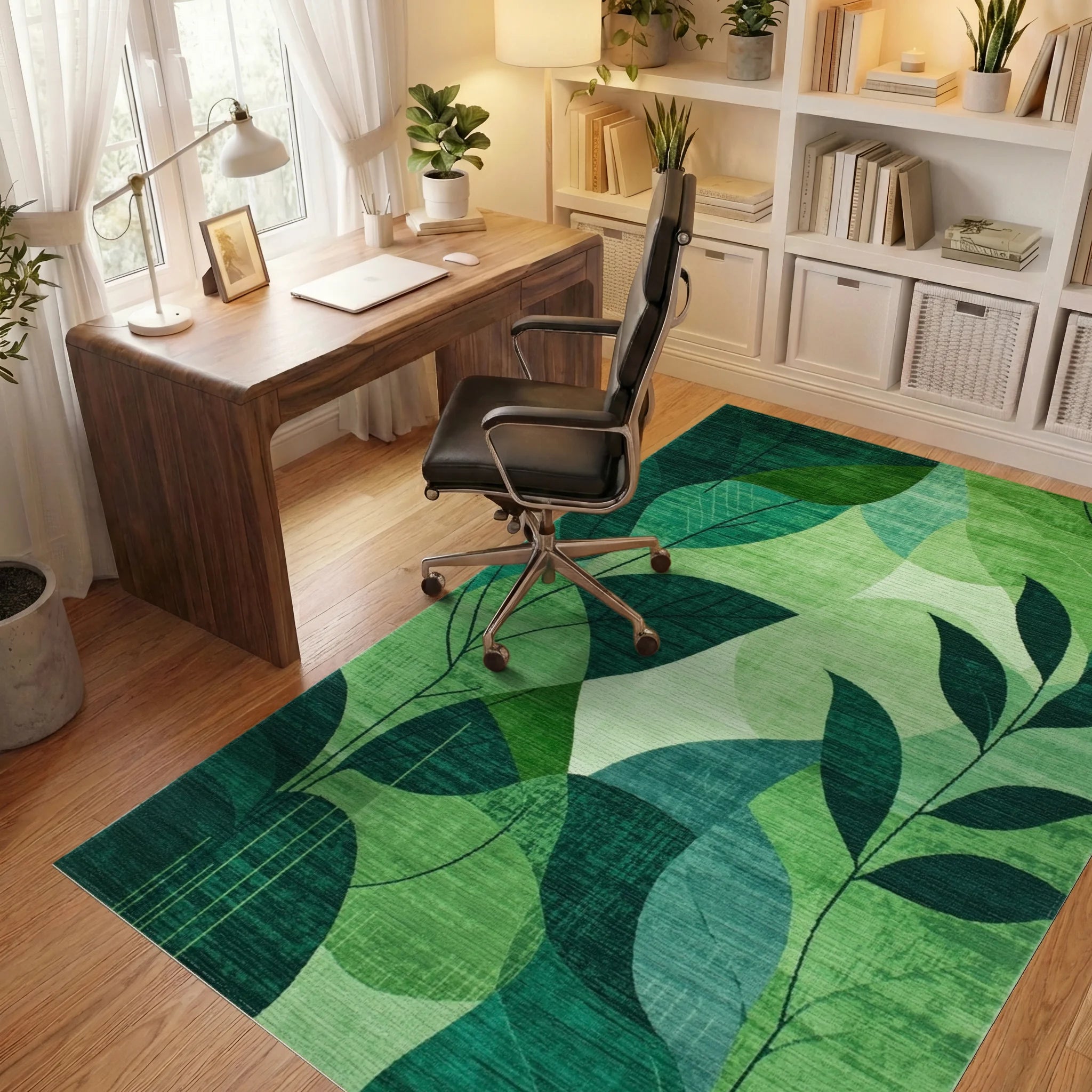 Emerald Green Leafy Collage Rug - Office View
