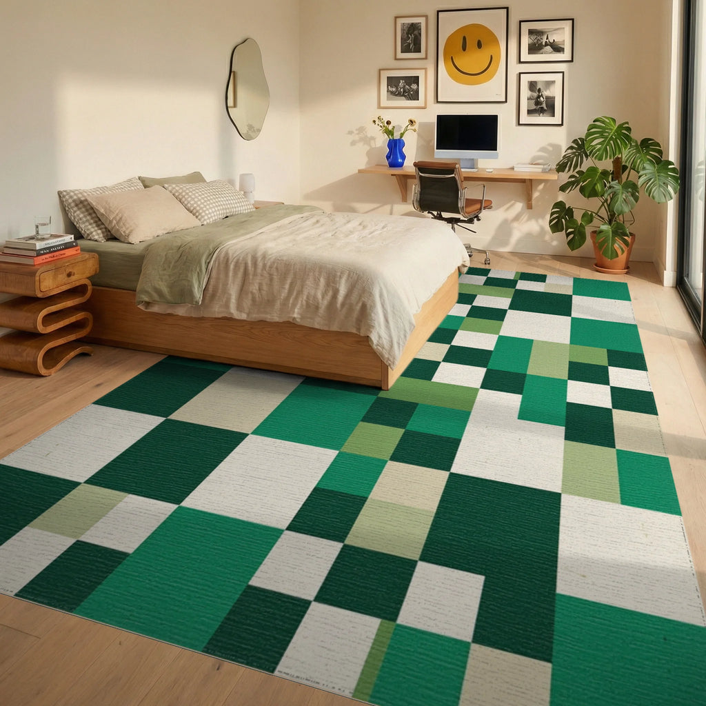 Emerald Green Modern Grid Blocks Rug Bedroom View