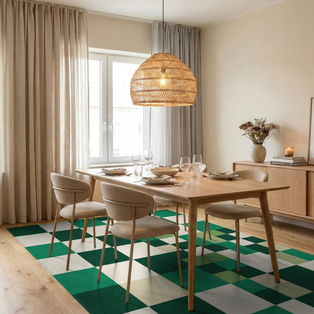 Emerald Green Modern Grid Blocks Rug Dining Room View