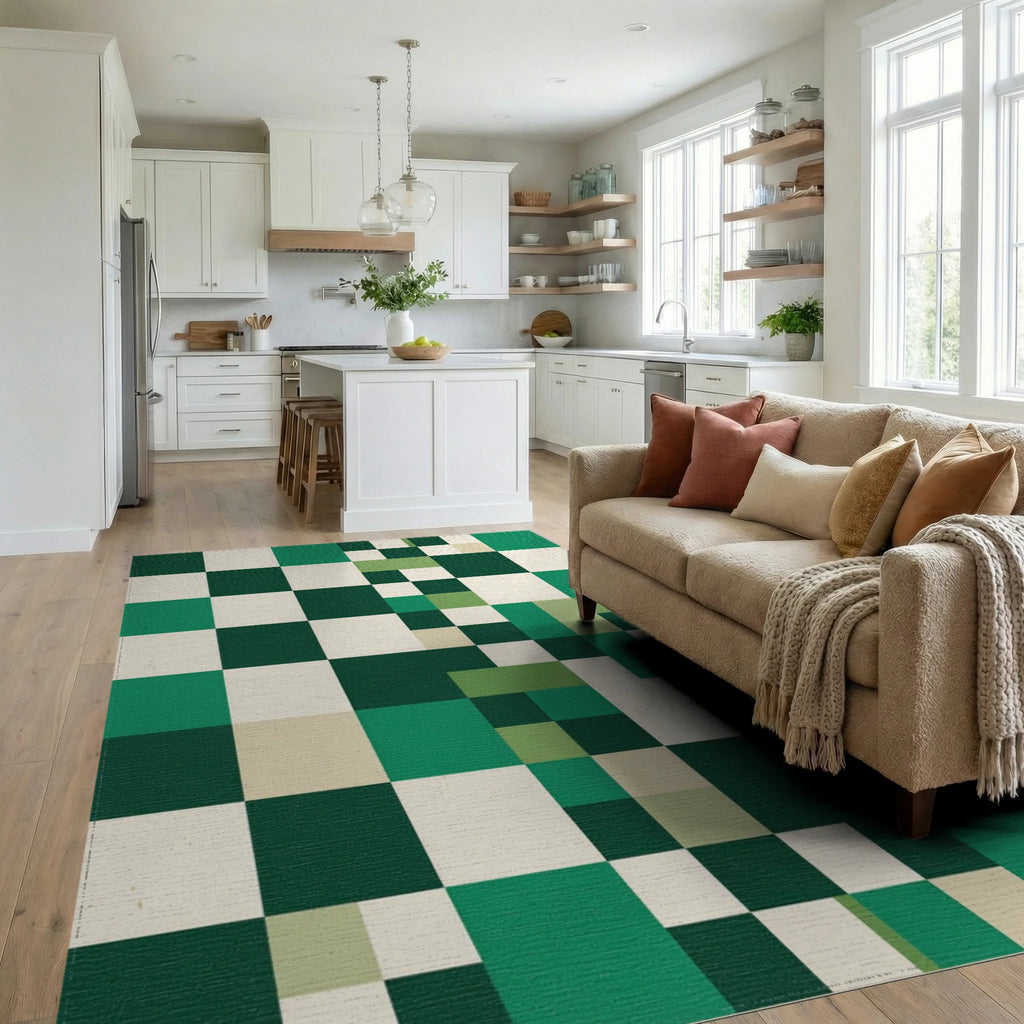 Emerald Green Modern Grid Blocks Rug Living Room View
