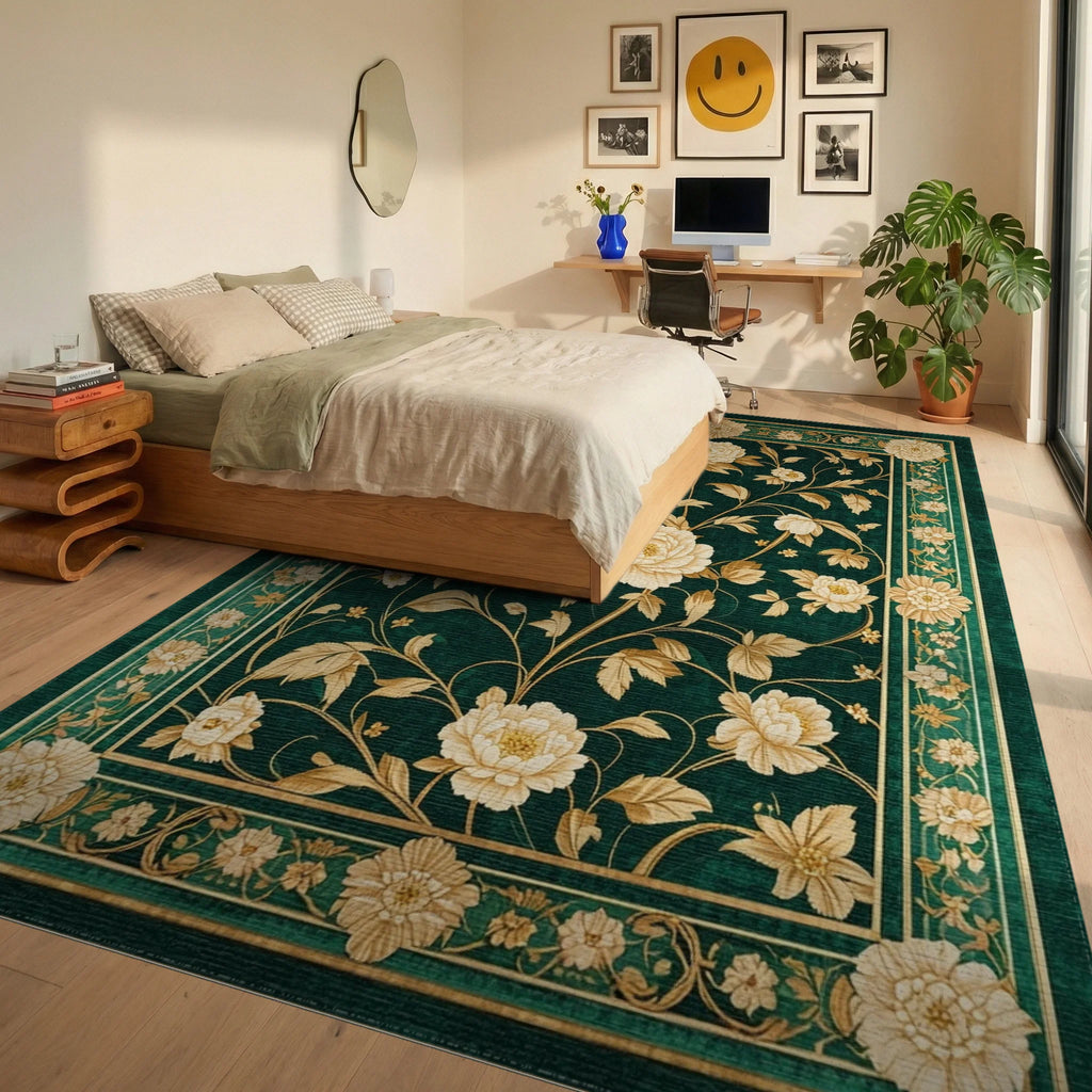 Emerald Green Peony Gold Rug - Bedroom View