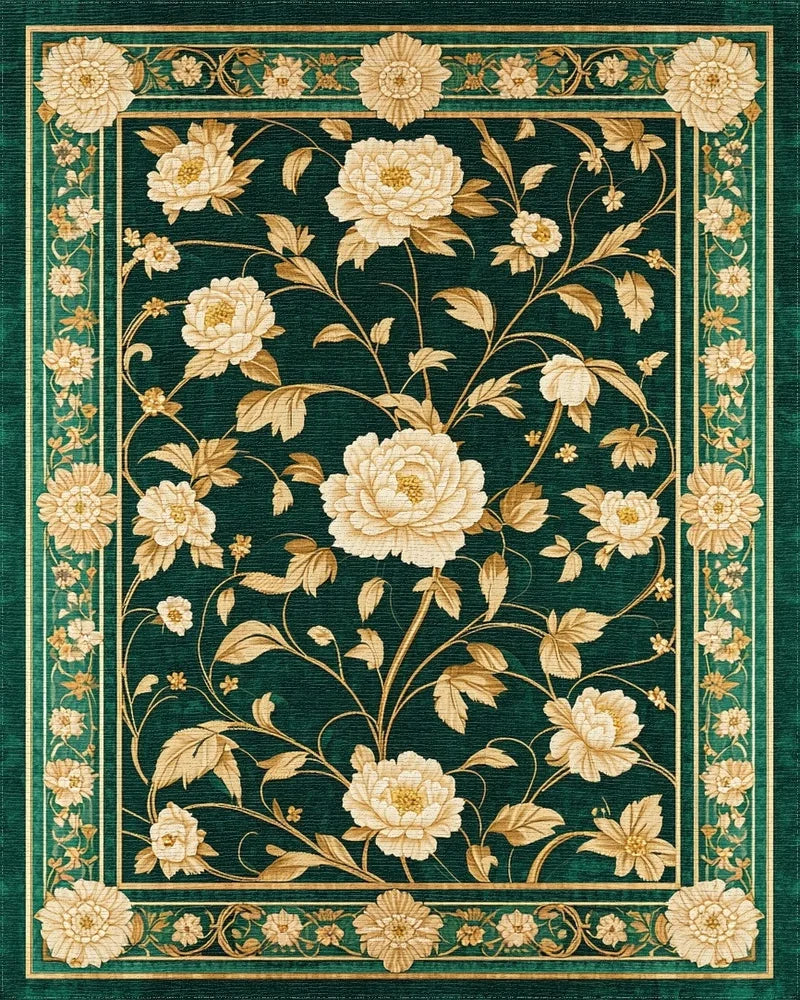 Emerald Green Peony Gold Rug - Cutout View