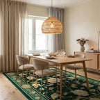 Emerald Green Peony Gold Rug - Dining Room View