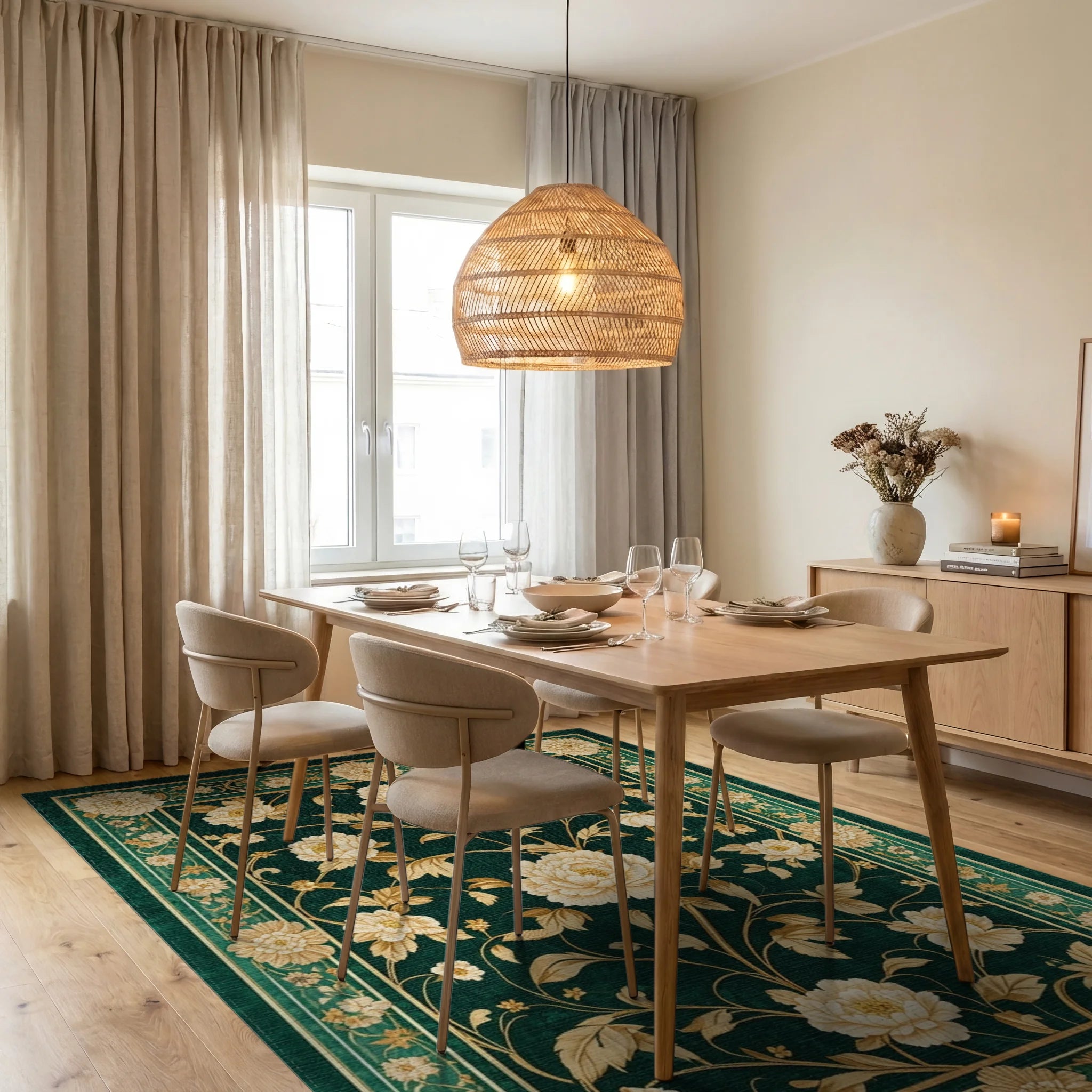 Emerald Green Peony Gold Rug - Dining Room View