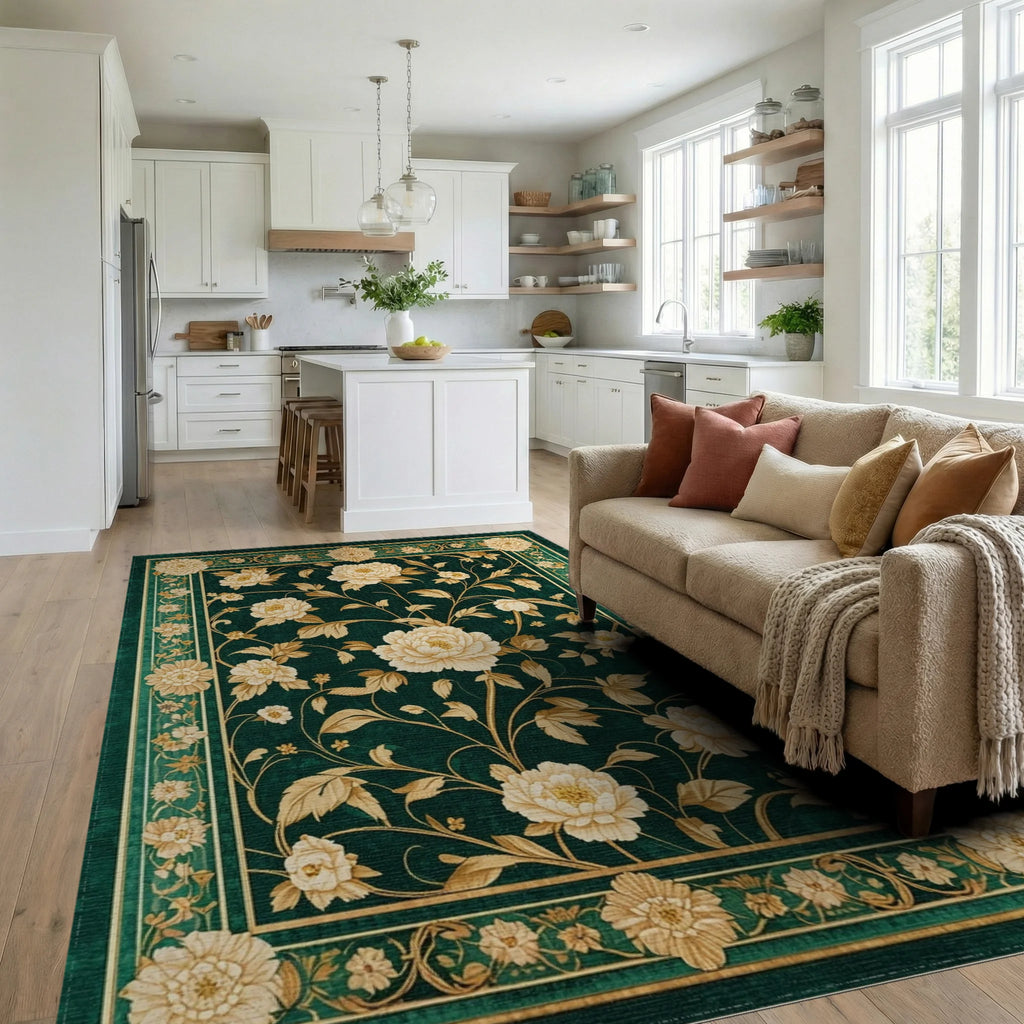 Emerald Green Peony Gold Rug - Living Room View