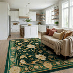 Emerald Green Peony Gold Rug - Living Room View