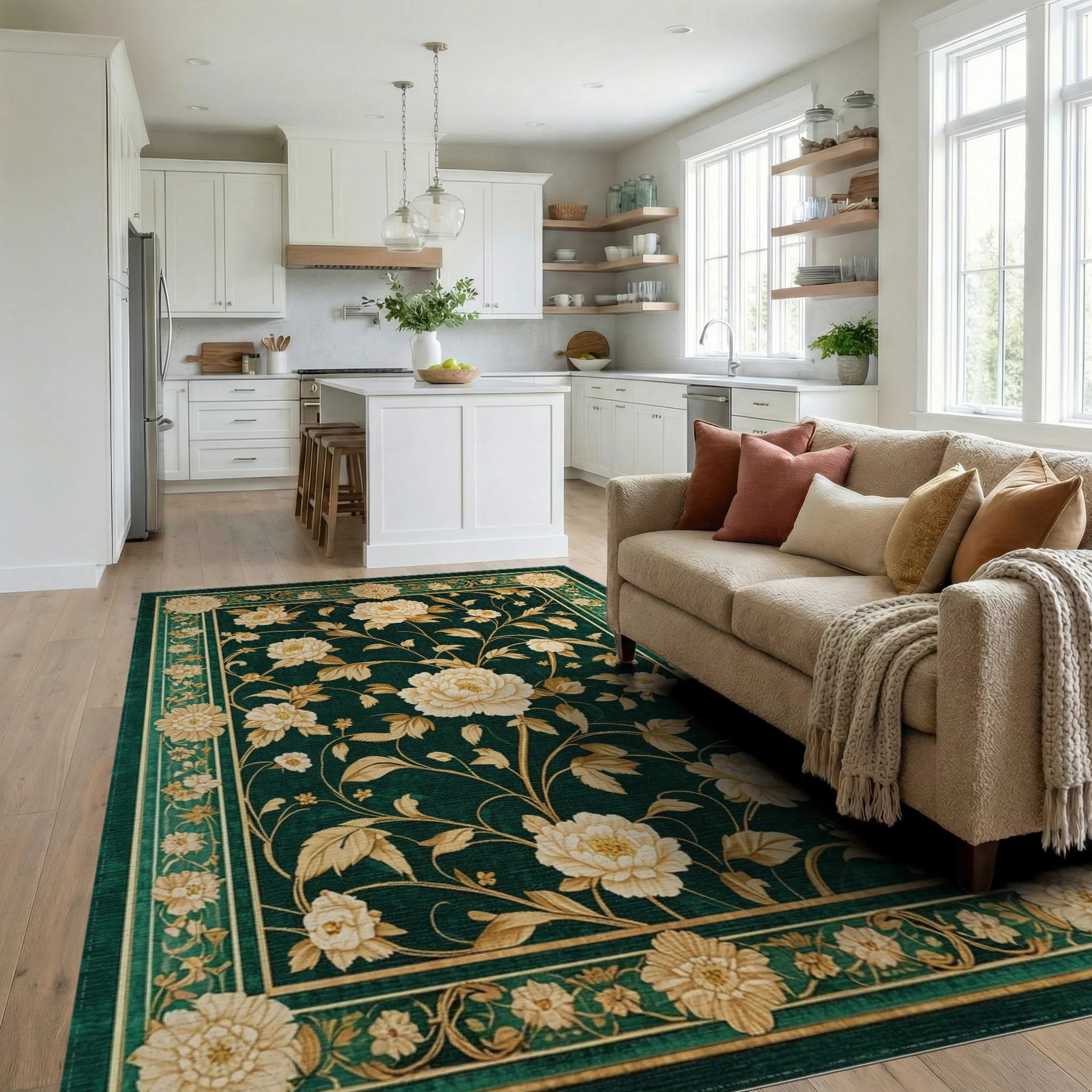 Emerald Green Peony Gold Rug - Living Room View