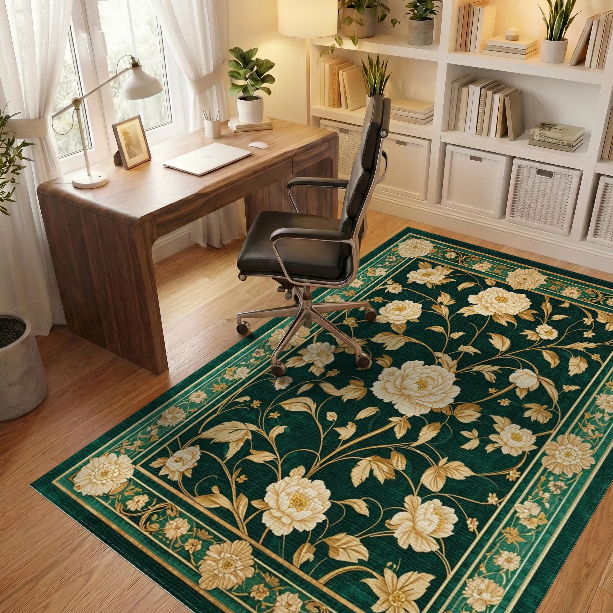 Emerald Green Peony Gold Rug - Office View