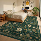 Emerald Green Peony Vine Rug - Bedroom View