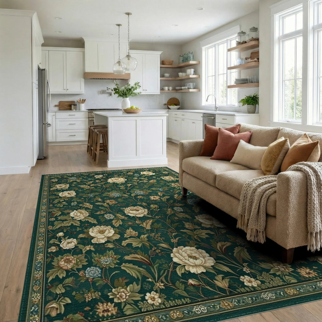 Emerald Green Peony Vine Rug - Living Room View