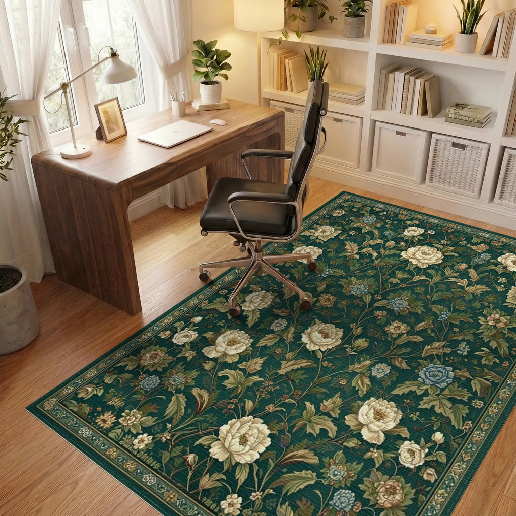 Emerald Green Peony Vine Rug - Office View
