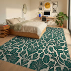 Emerald Green Scroll Floral Pattern Rug Bedroom View
