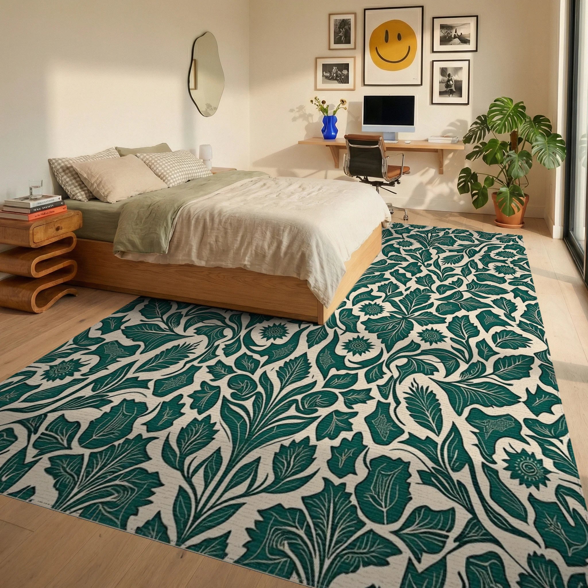 Emerald Green Scroll Floral Pattern Rug Bedroom View