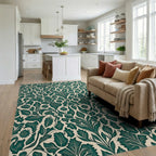 Emerald Green Scroll Floral Pattern Rug Living Room View
