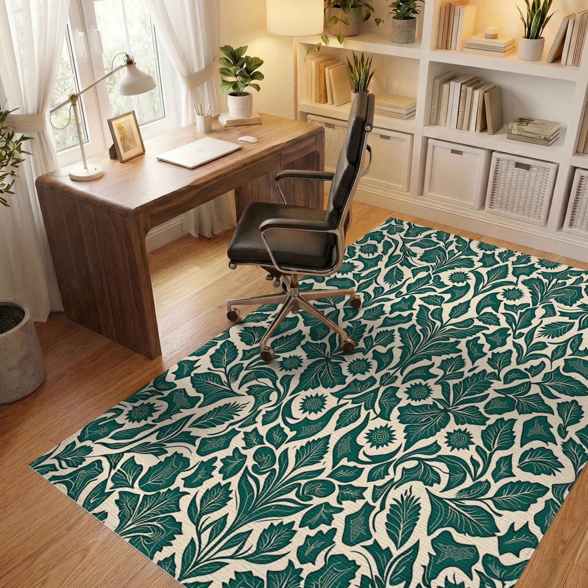 Emerald Green Scroll Floral Pattern Rug Office View