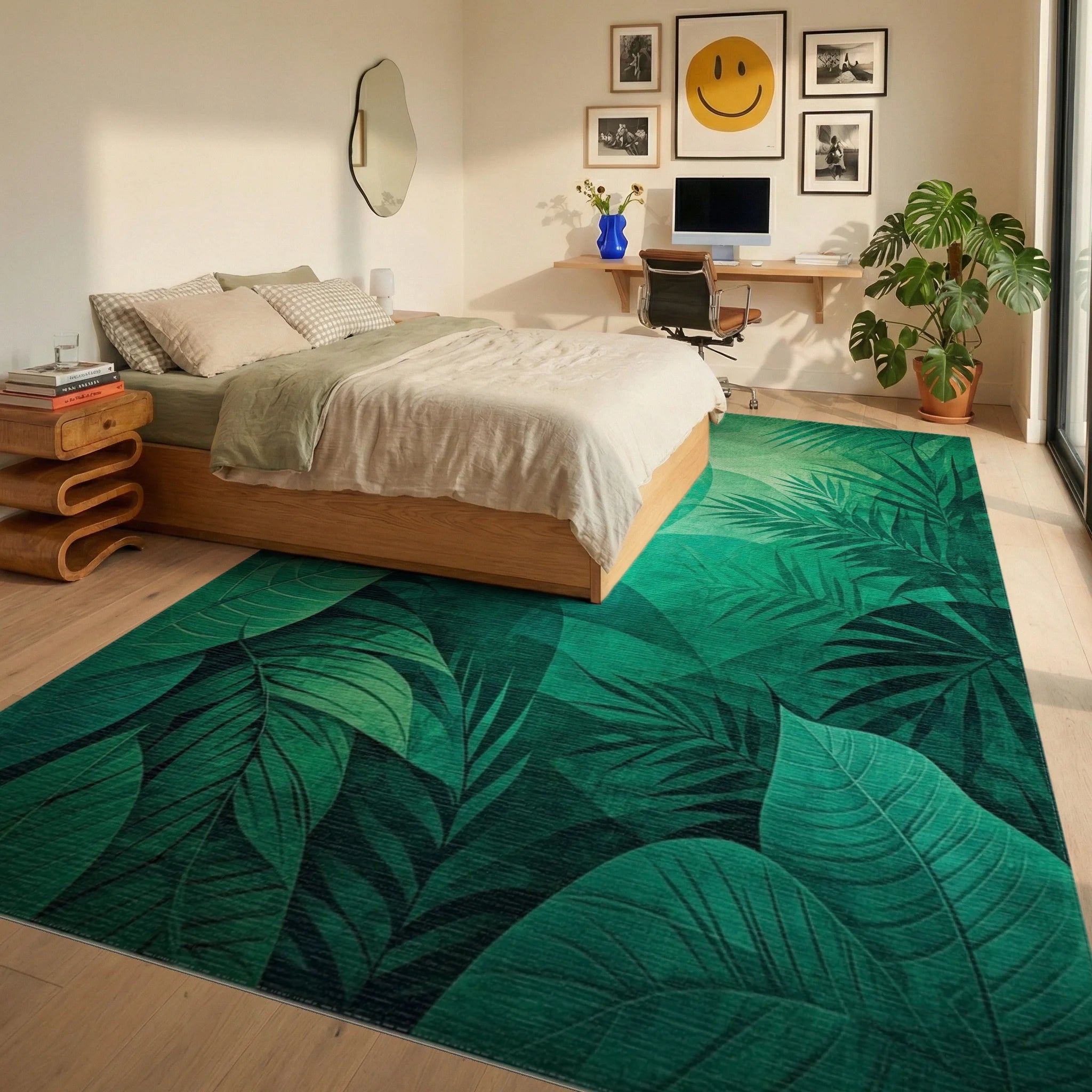 Emerald Jungle Leaf Abstract Pattern Rug - Bedroom View