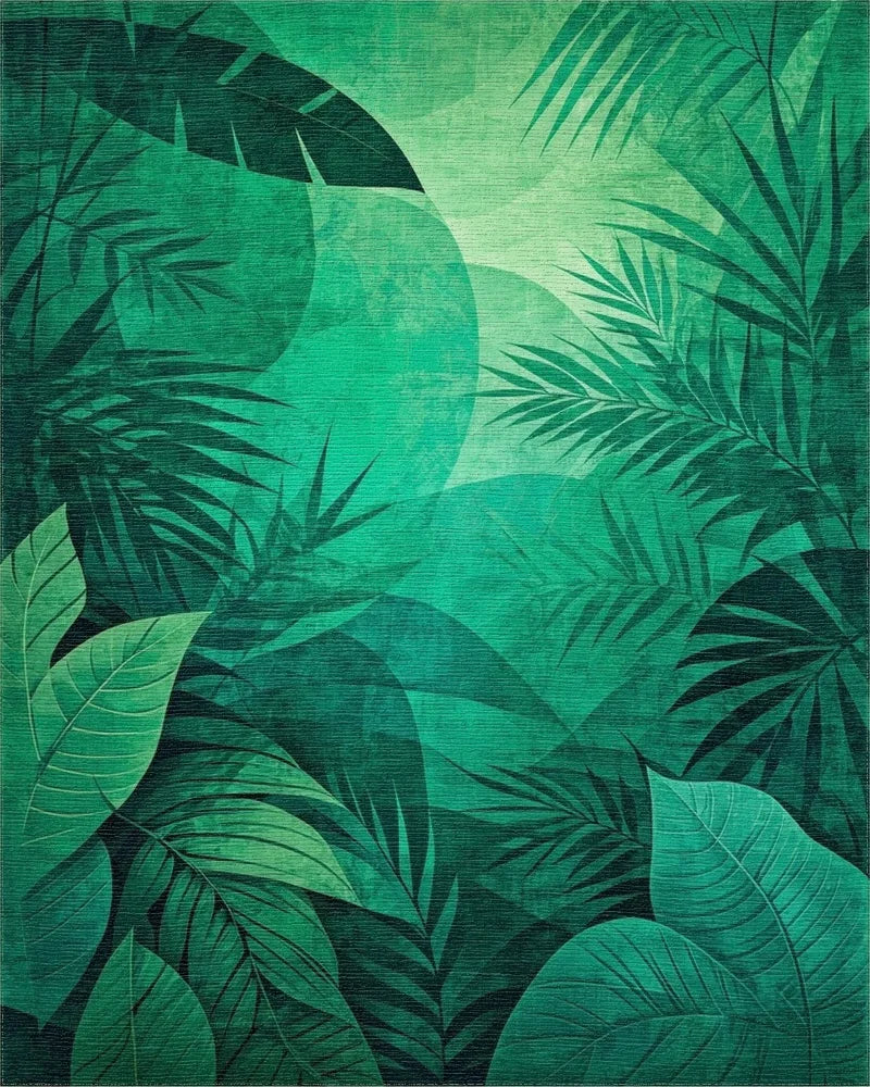 Emerald Jungle Leaf Abstract Pattern Rug - Cutout View