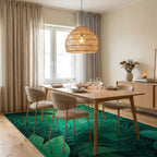 Emerald Jungle Leaf Abstract Pattern Rug - Dining Room View