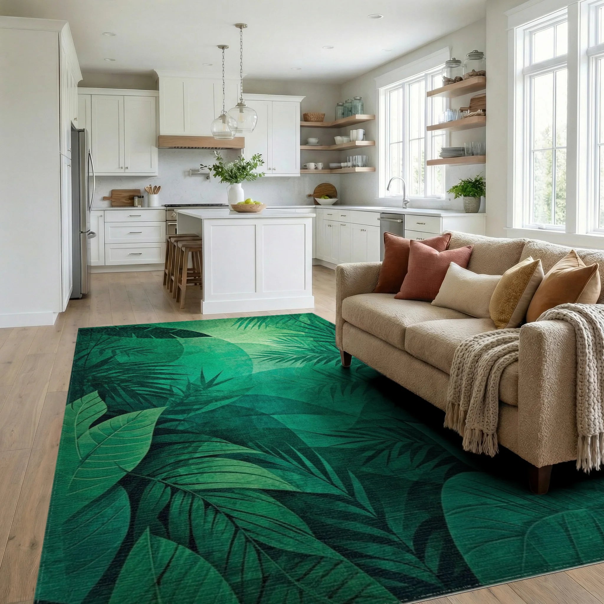 Emerald Jungle Leaf Abstract Pattern Rug - Living Room View
