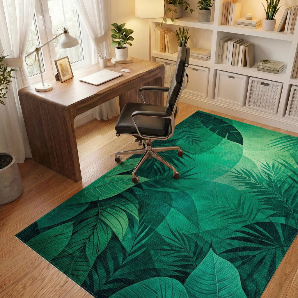 Emerald Jungle Leaf Abstract Pattern Rug - Office View