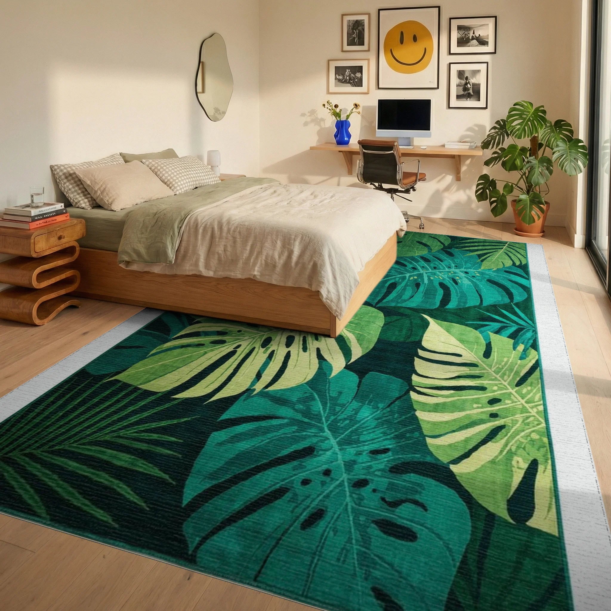 Emerald Jungle Leaf Abundance Rug - Bedroom View
