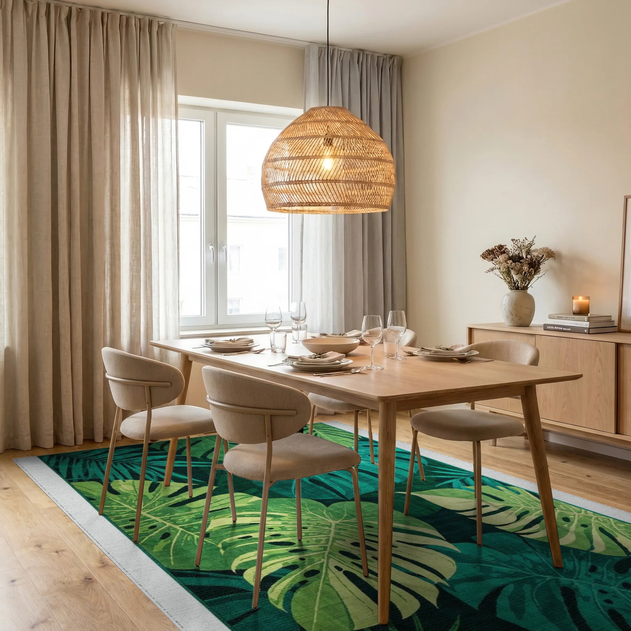 Emerald Jungle Leaf Abundance Rug - Dining Room View