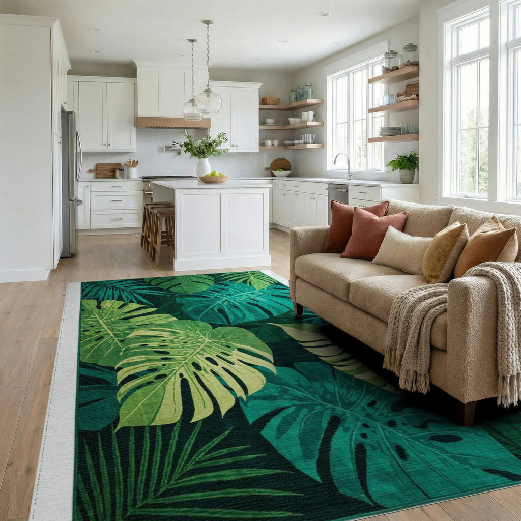 Emerald Jungle Leaf Abundance Rug - Living Room View