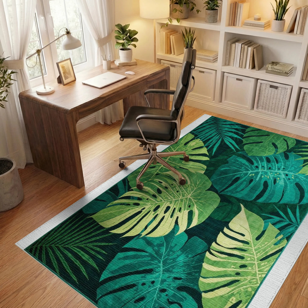 Emerald Jungle Leaf Abundance Rug - Office View