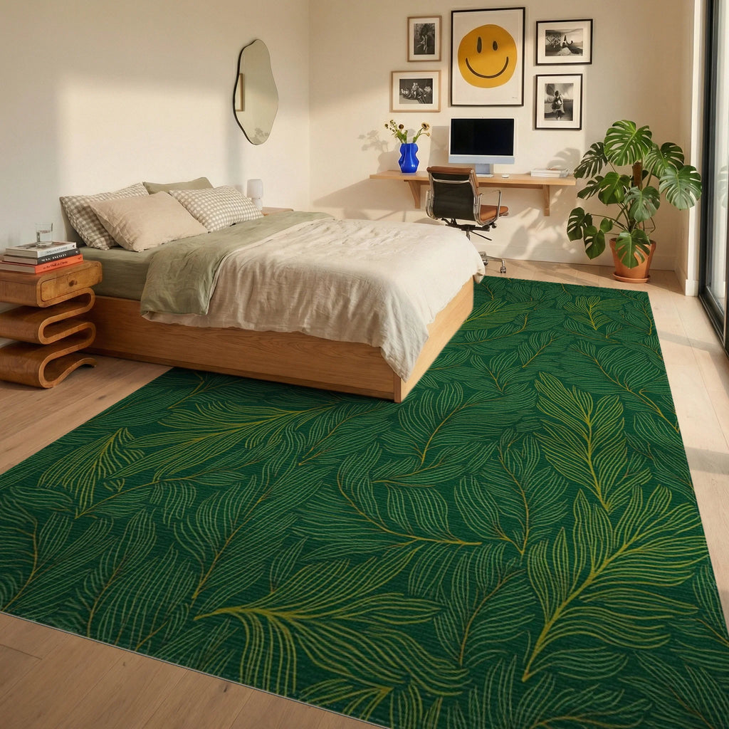 Emerald Leaf Pattern Lines Rug Bedroom View