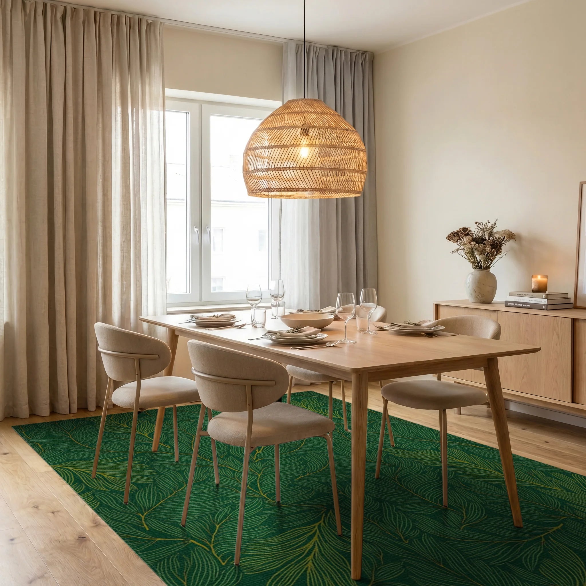 Emerald Leaf Pattern Lines Rug Dining Room View
